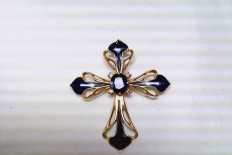 Gold cross with blue enamel diamonds and sapphire